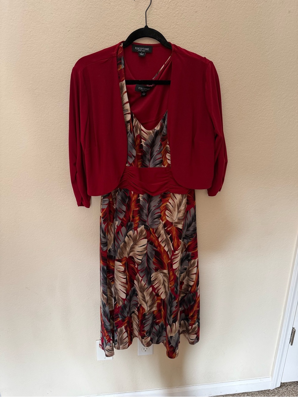 Perceptions Red Leaf-Print Dress with Red Bolero